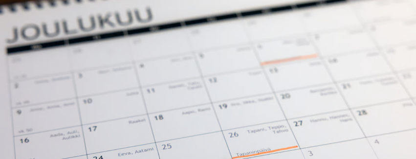 Calendar showing Finland's public holidays
